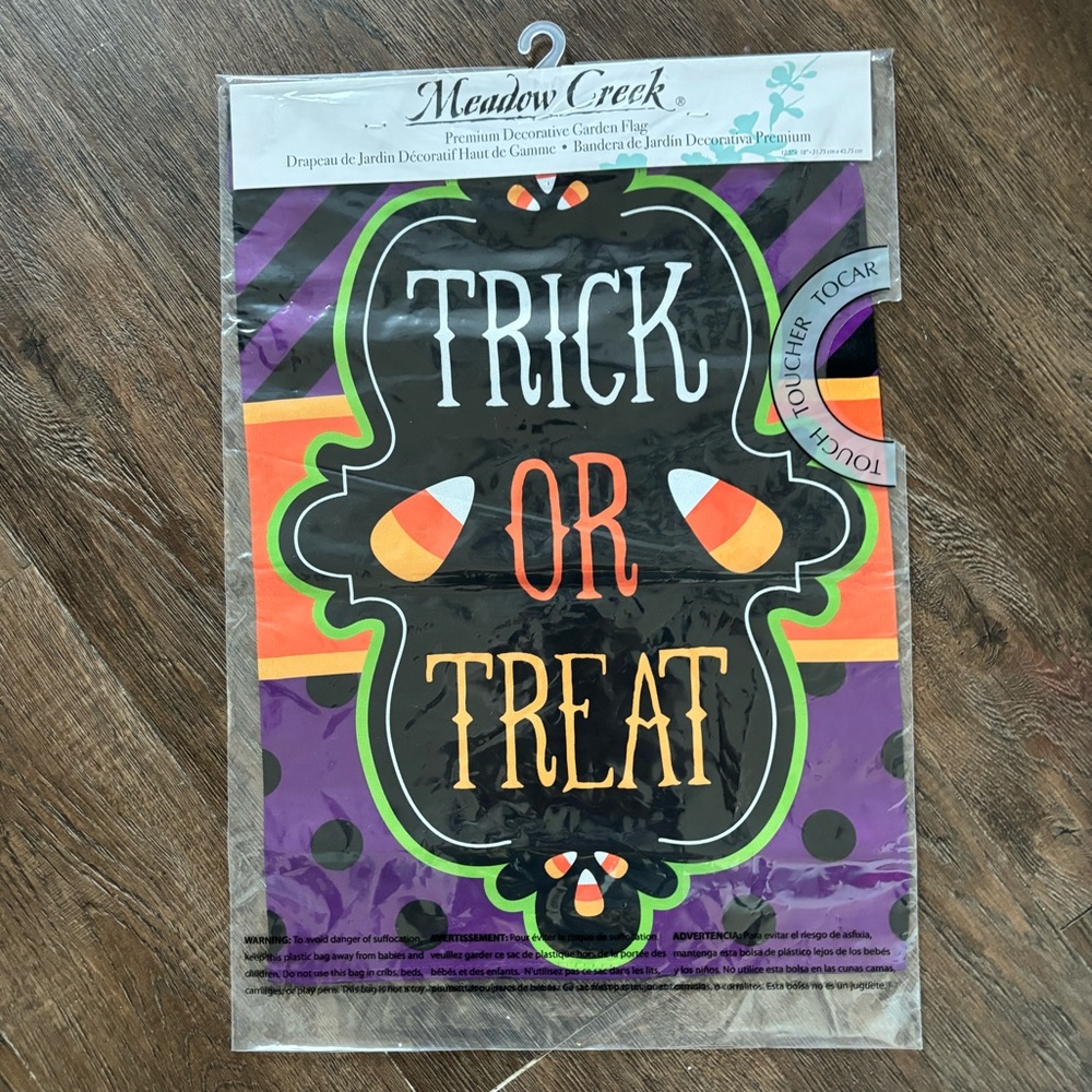 Brand new with tags in package Meadow creek Trick or Treat Halloween garden flag